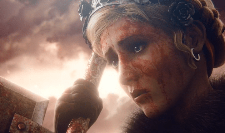 bloody face, battlefield, woman fighter